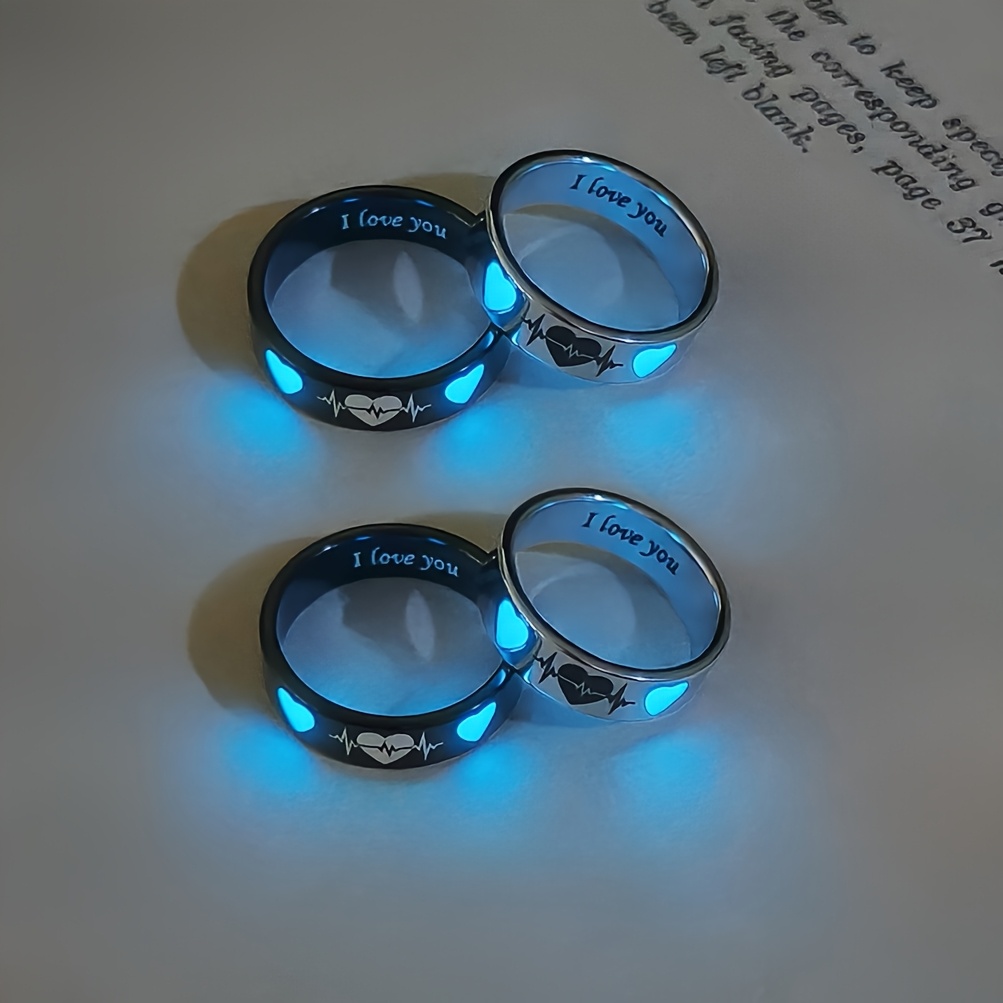 4pc Women's Glow-in-the-Dark Heartbeat Couple's Rings Set